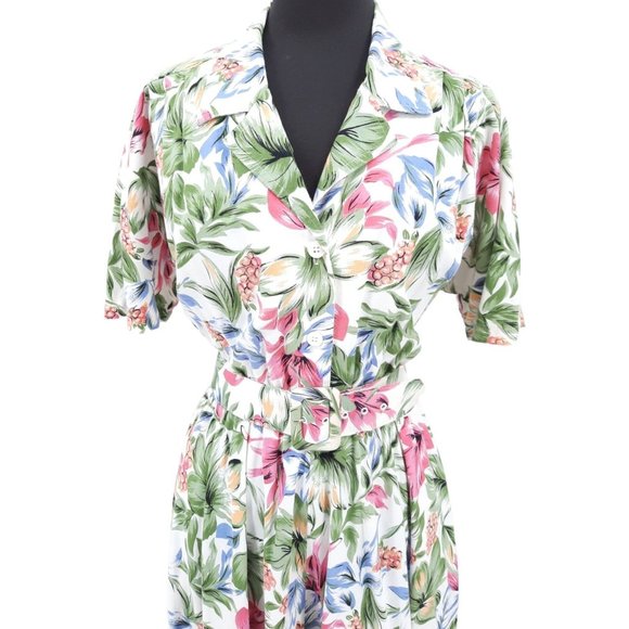 VTG 80s Carol Anderson Pink Blue Yellow Floral Button Front Midi Dress Size 12 - Picture 2 of 12